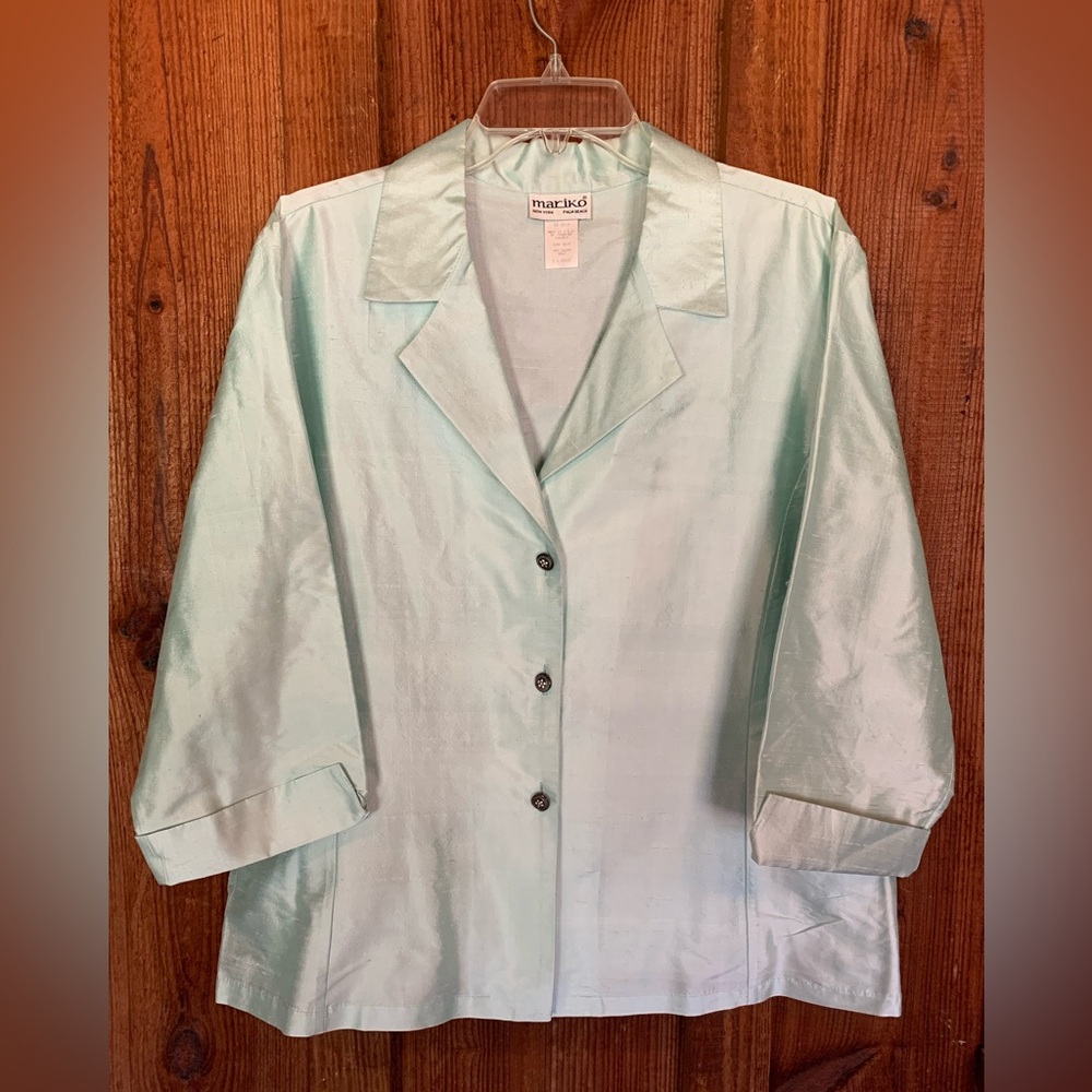 Vintage Mariko New York Palm Beach Mint Green Silk Tunic Button-Up Shirt Size XL